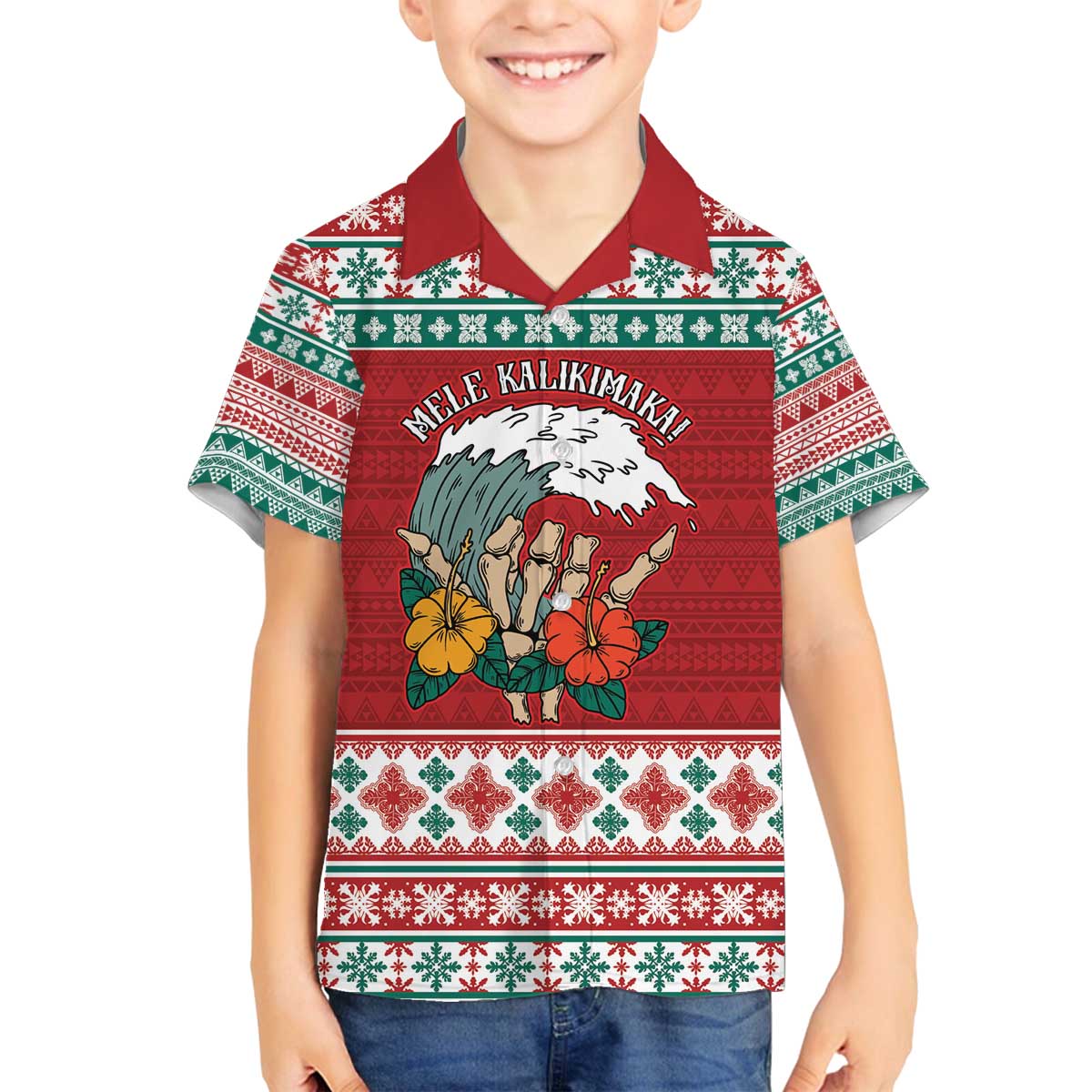 Shaka Sign Skull Mele Kalikimaka Personalized Family Matching Off The Shoulder Long Sleeve Dress and Hawaiian Shirt Hawaiian Quilt Pattern - Polynesian Pride