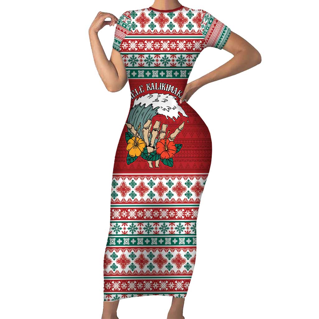 Shaka Sign Skull Mele Kalikimaka Personalized Family Matching Short Sleeve Bodycon Dress and Hawaiian Shirt Hawaiian Quilt Pattern LT9 Mom's Dress Red - Polynesian Pride