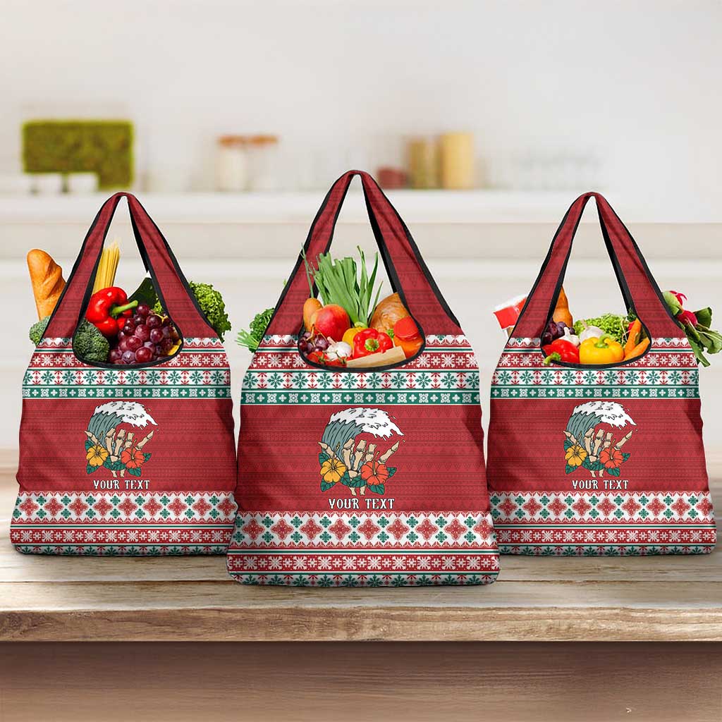 Shaka Sign Skull Mele Kalikimaka Personalized Grocery Bag Hawaiian Quilt Pattern - Polynesian Pride