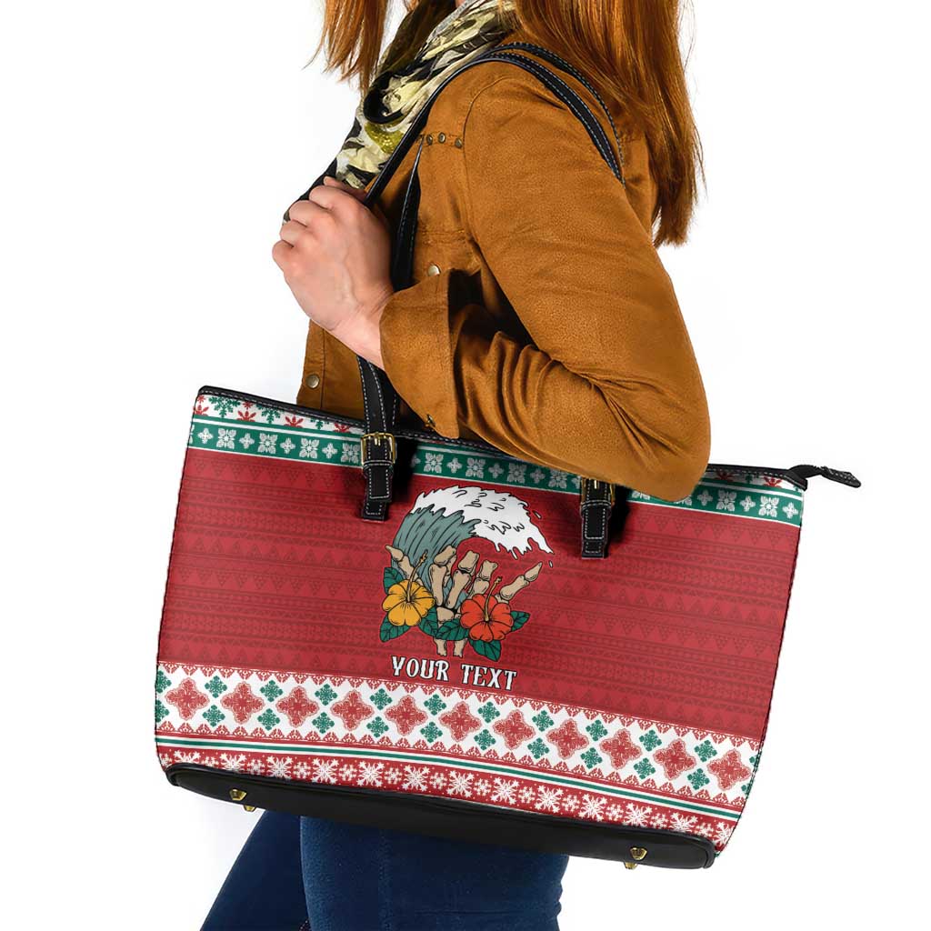 Shaka Sign Skull Mele Kalikimaka Personalized Leather Tote Bag Hawaiian Quilt Pattern - Polynesian Pride