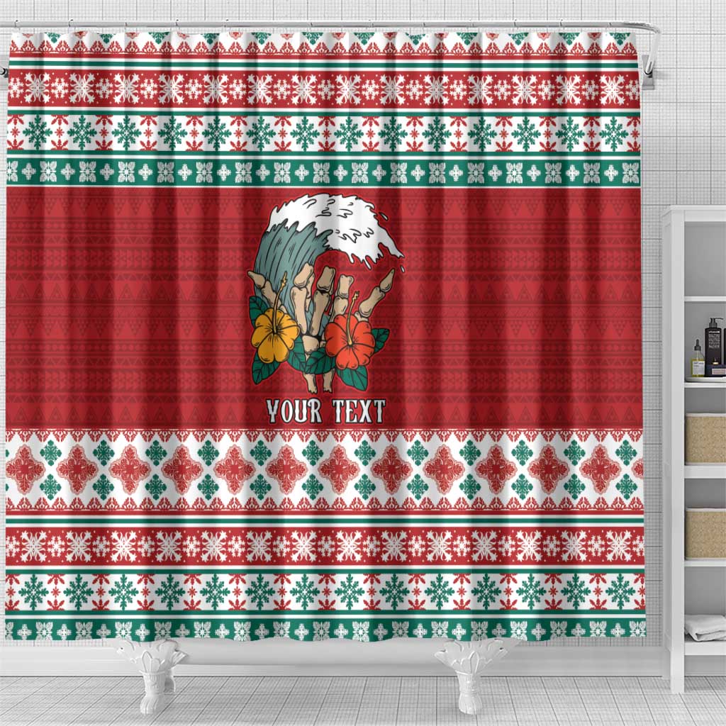 Shaka Sign Skull Mele Kalikimaka Personalized Shower Curtain Hawaiian Quilt Pattern - Polynesian Pride
