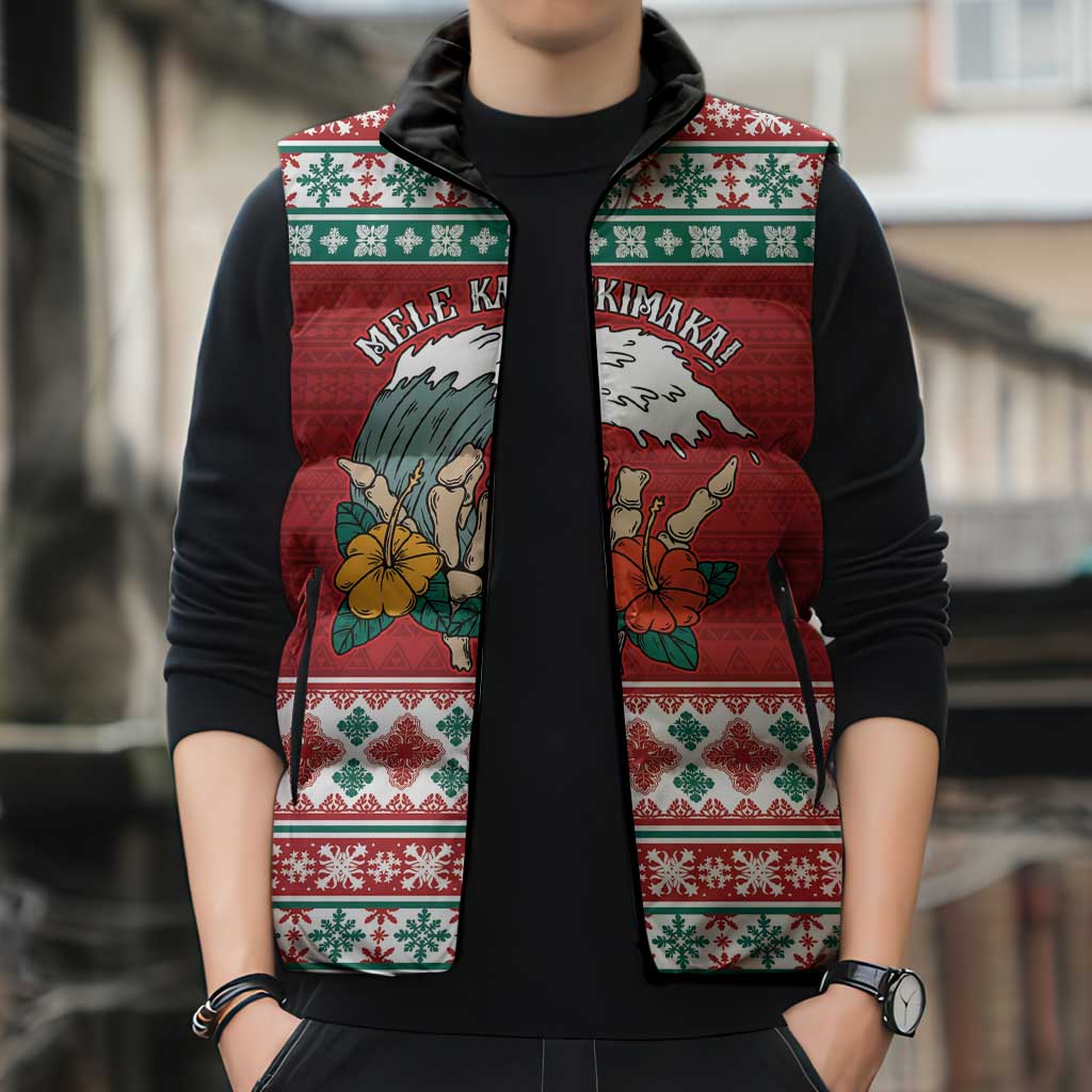 Shaka Sign Skull Mele Kalikimaka Personalized Sleeveless Puffer Jacket Hawaiian Quilt Pattern - Polynesian Pride