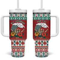 Shaka Sign Skull Mele Kalikimaka Personalized Tumbler With Handle Hawaiian Quilt Pattern - Polynesian Pride