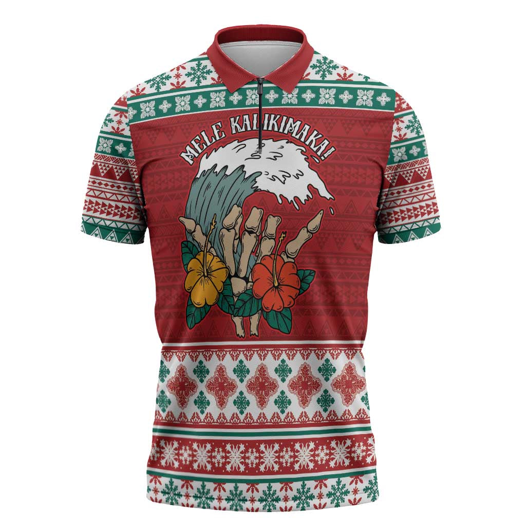 Shaka Sign Skull Mele Kalikimaka Personalized Zipper Polo Shirt Hawaiian Quilt Pattern - Polynesian Pride