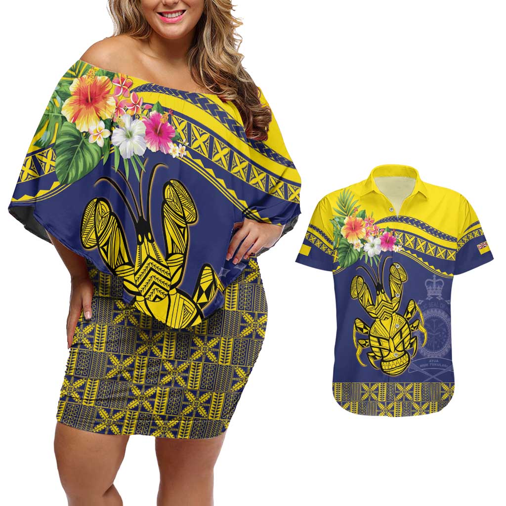 Niue Coconut Crab Couples Matching Off Shoulder Short Dress and Hawaiian Shirt Rock of Polynesia