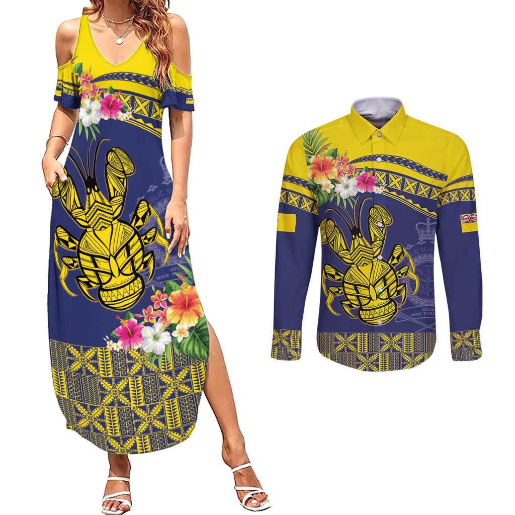 Niue Coconut Crab Couples Matching Summer Maxi Dress and Long Sleeve Button Shirt Rock of Polynesia