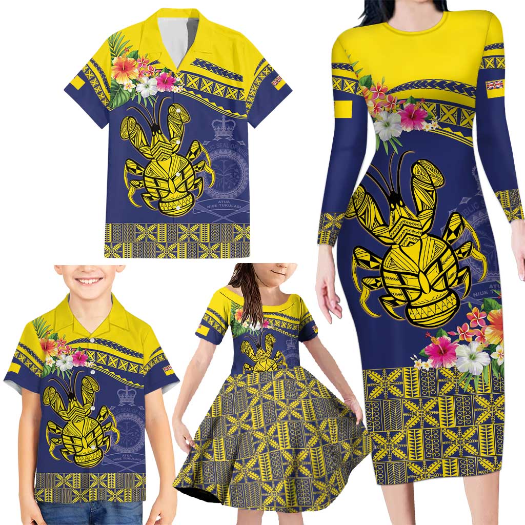 Niue Coconut Crab Family Matching Long Sleeve Bodycon Dress and Hawaiian Shirt Rock of Polynesia