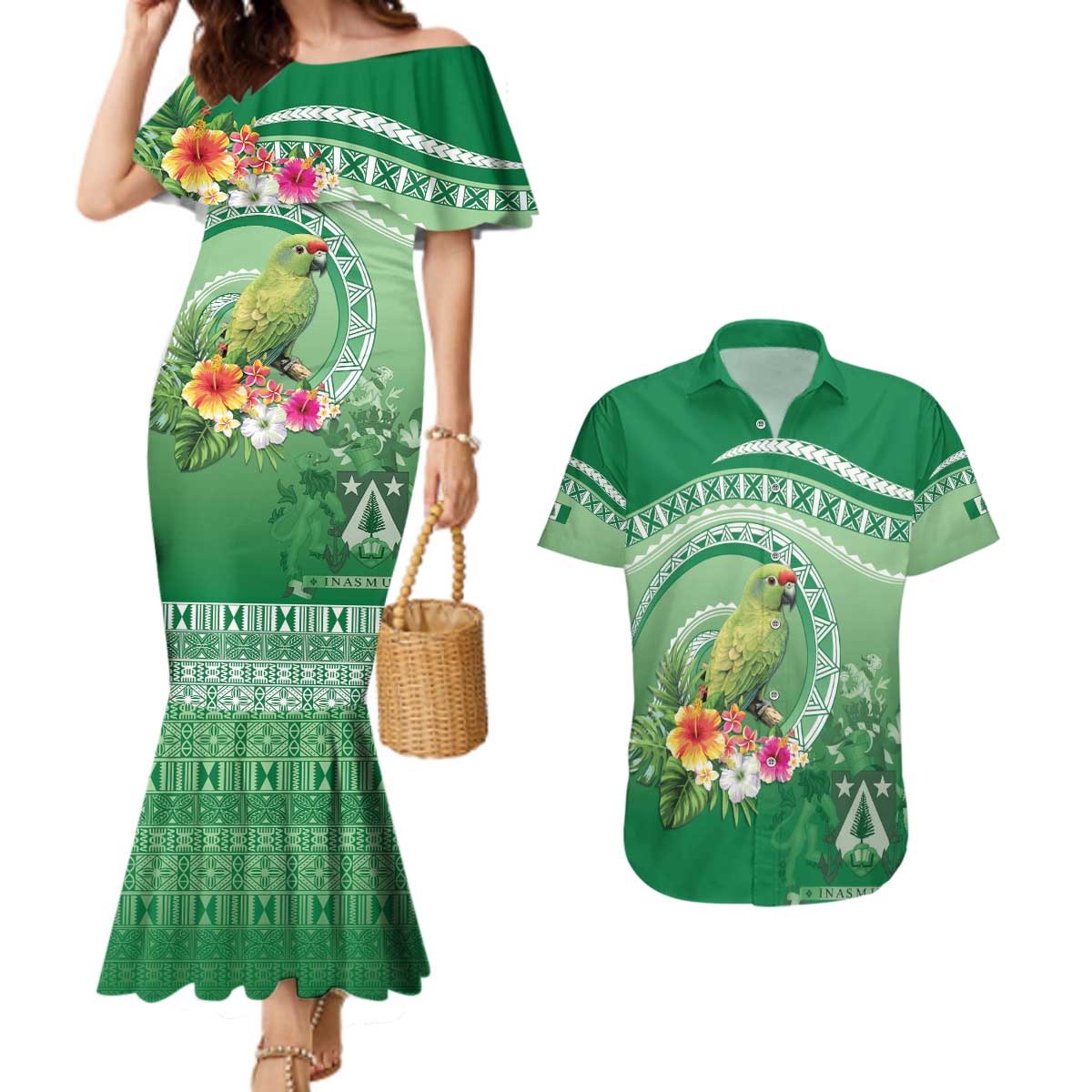 Norfolk Parakeet Tropical Couples Matching Mermaid Dress and Hawaiian Shirt Norfolk Island Tribal Pattern