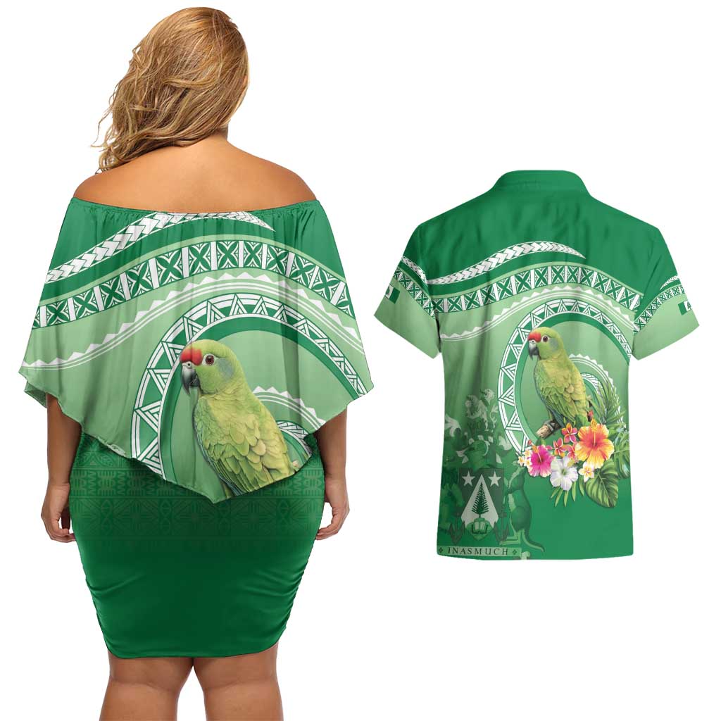 Norfolk Parakeet Tropical Couples Matching Off Shoulder Short Dress and Hawaiian Shirt Norfolk Island Tribal Pattern