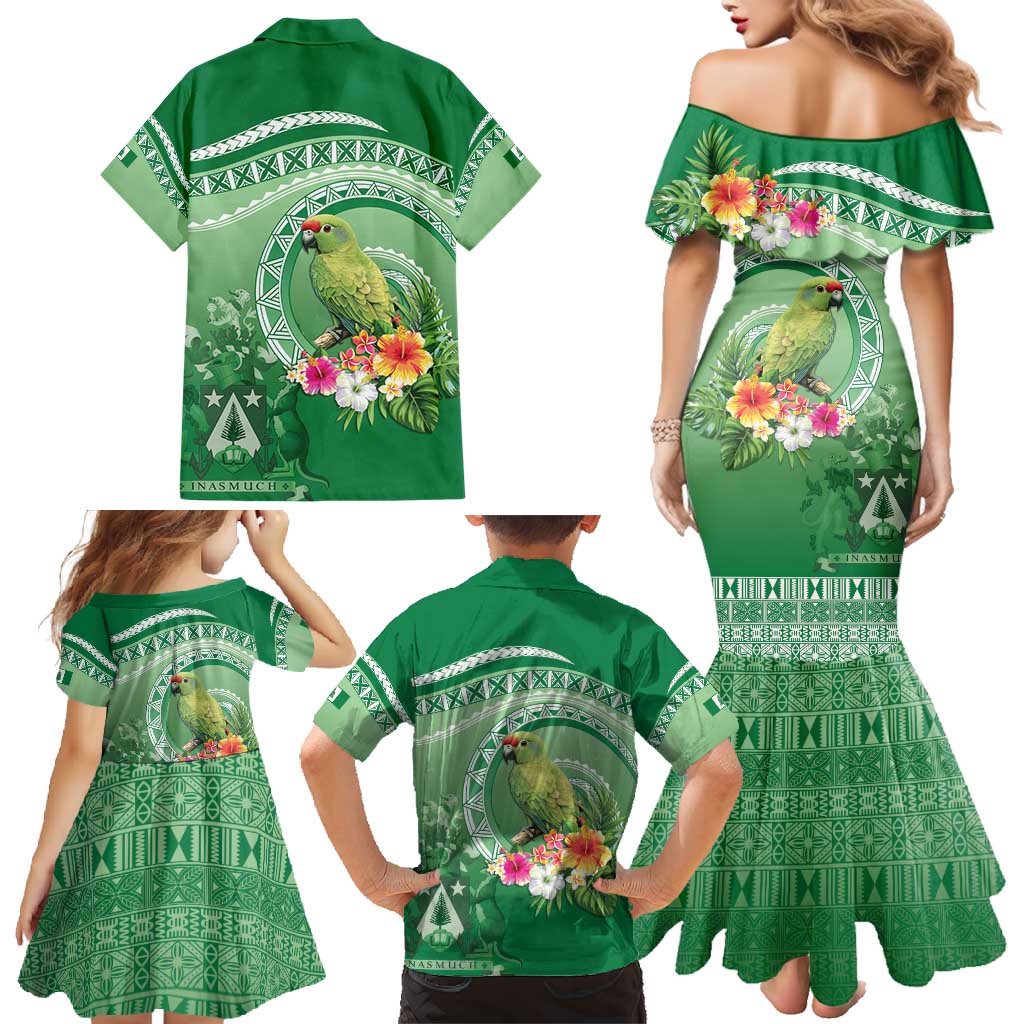 Norfolk Parakeet Tropical Family Matching Mermaid Dress and Hawaiian Shirt Norfolk Island Tribal Pattern