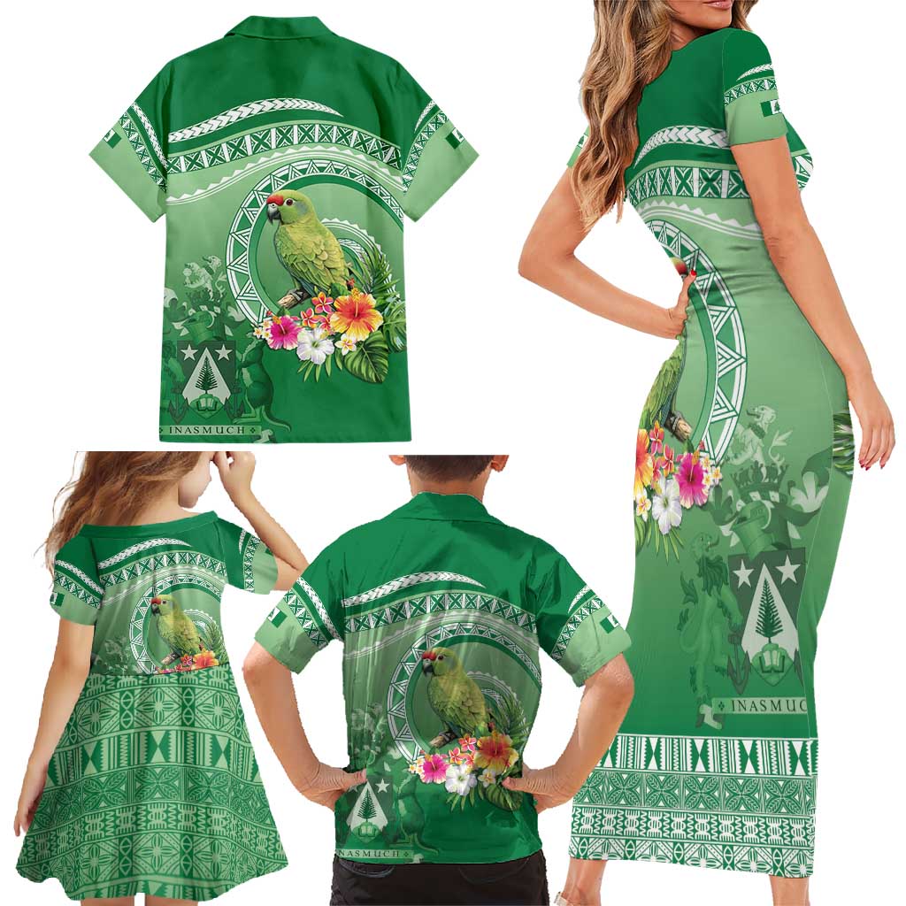 Norfolk Parakeet Tropical Family Matching Short Sleeve Bodycon Dress and Hawaiian Shirt Norfolk Island Tribal Pattern