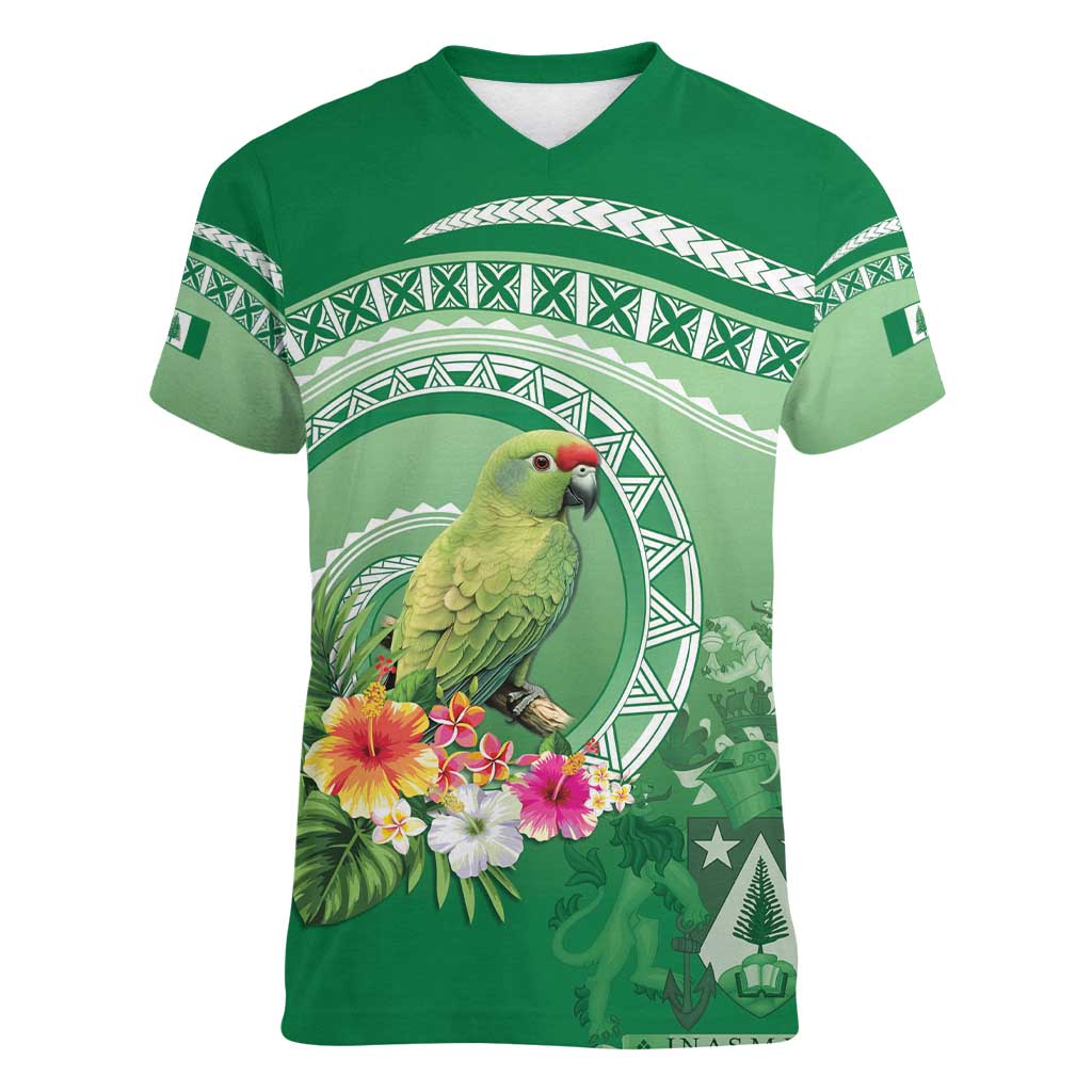 Norfolk Parakeet Tropical Women V-Neck T-Shirt Norfolk Island Tribal Pattern