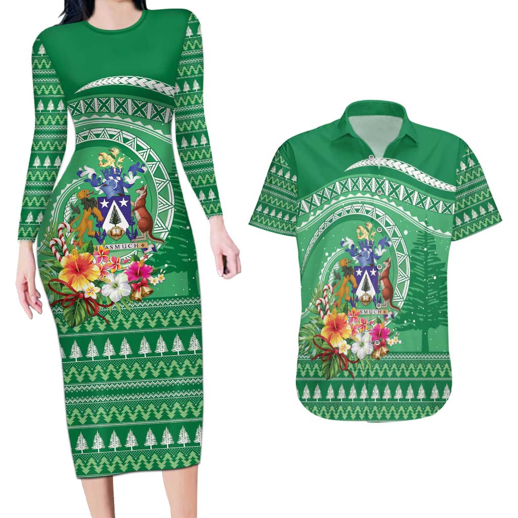 Norfolk Island Pine Tree Christmas Couples Matching Long Sleeve Bodycon Dress and Hawaiian Shirt Coat of Arm and Polynesian Pattern