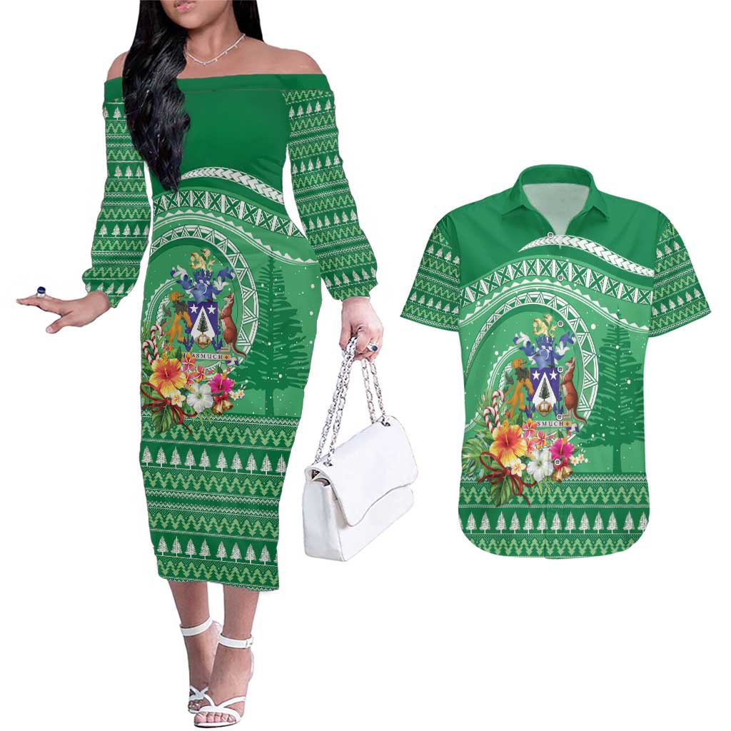 Norfolk Island Pine Tree Christmas Couples Matching Off The Shoulder Long Sleeve Dress and Hawaiian Shirt Coat of Arm and Polynesian Pattern