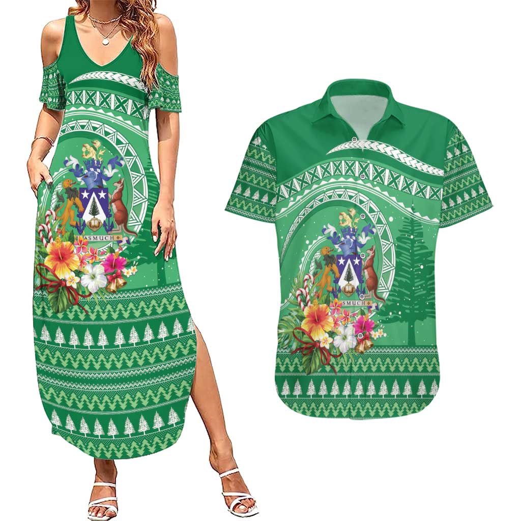 Norfolk Island Pine Tree Christmas Couples Matching Summer Maxi Dress and Hawaiian Shirt Coat of Arm and Polynesian Pattern