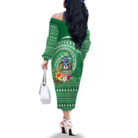 Norfolk Island Pine Tree Christmas Family Matching Off The Shoulder Long Sleeve Dress and Hawaiian Shirt Coat of Arm and Polynesian Pattern