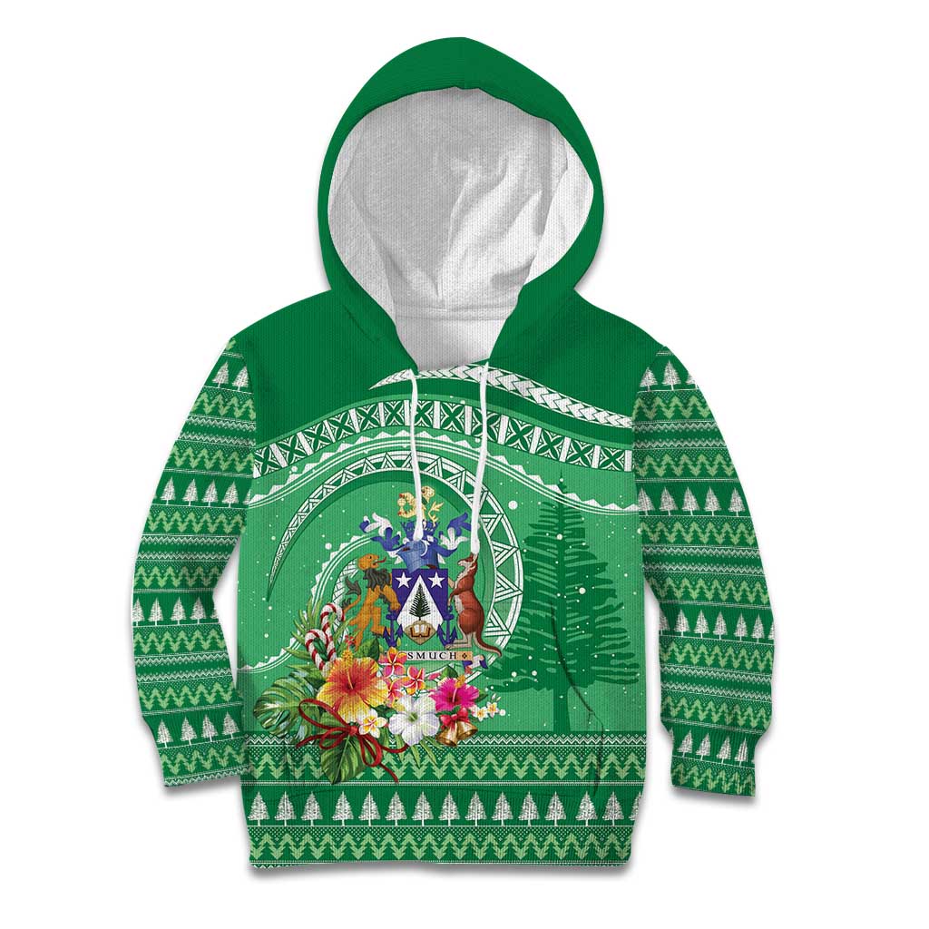 Norfolk Island Pine Tree Christmas Kid Hoodie Coat of Arm and Polynesian Pattern