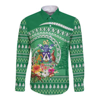 Norfolk Island Pine Tree Christmas Long Sleeve Button Shirt Coat of Arm and Polynesian Pattern