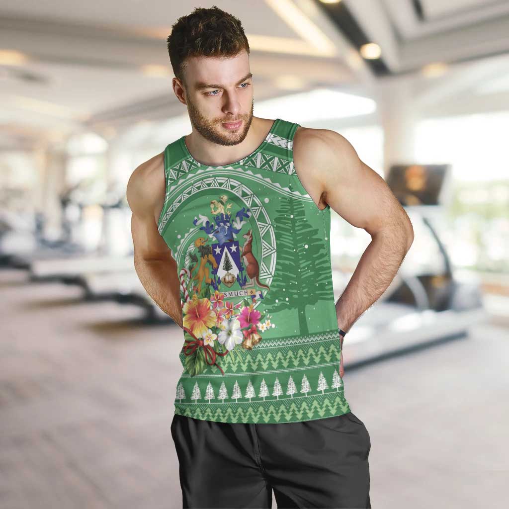 Norfolk Island Pine Tree Christmas Men Tank Top Coat of Arm and Polynesian Pattern