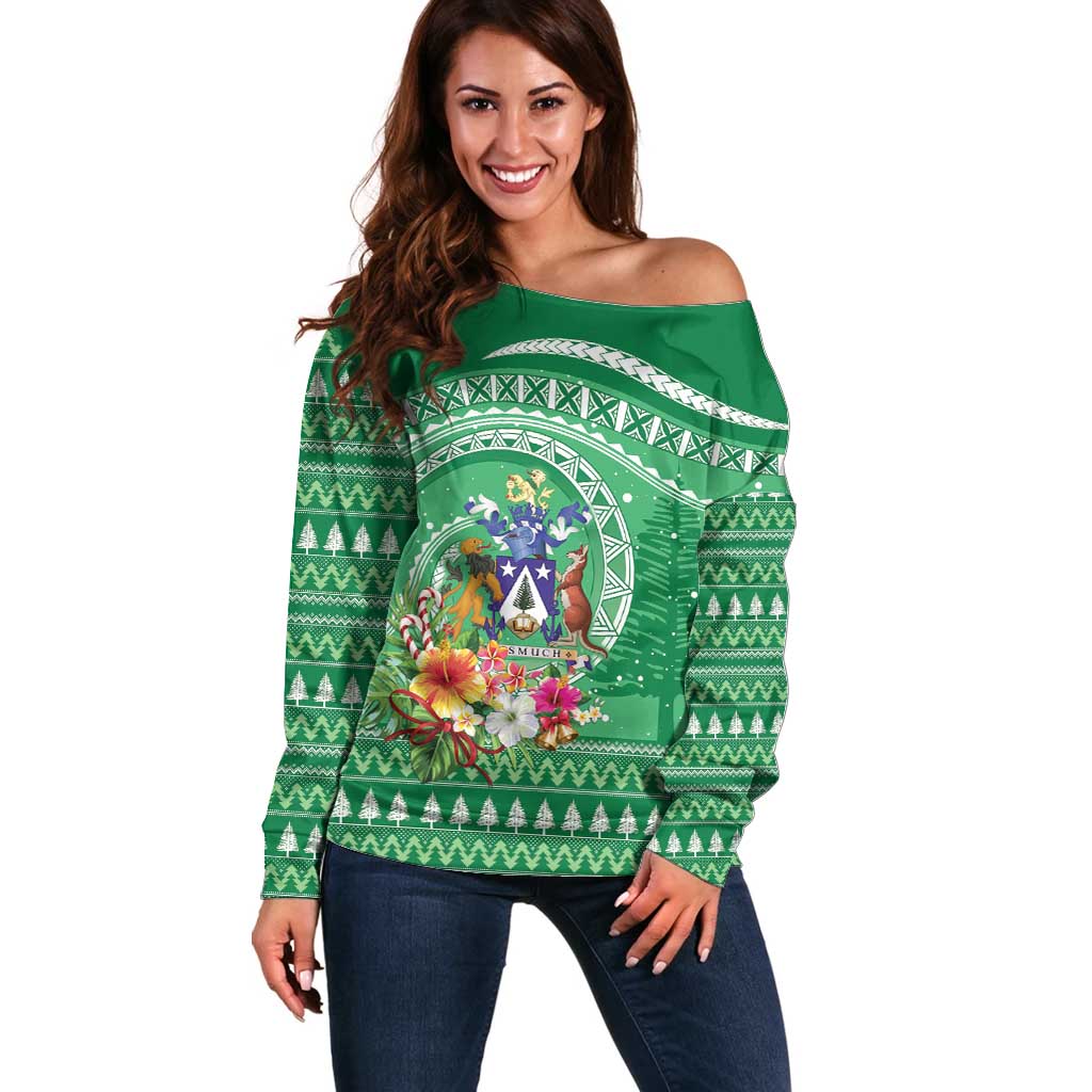 Norfolk Island Pine Tree Christmas Off Shoulder Sweater Coat of Arm and Polynesian Pattern