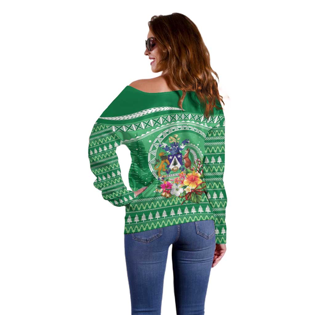 Norfolk Island Pine Tree Christmas Off Shoulder Sweater Coat of Arm and Polynesian Pattern