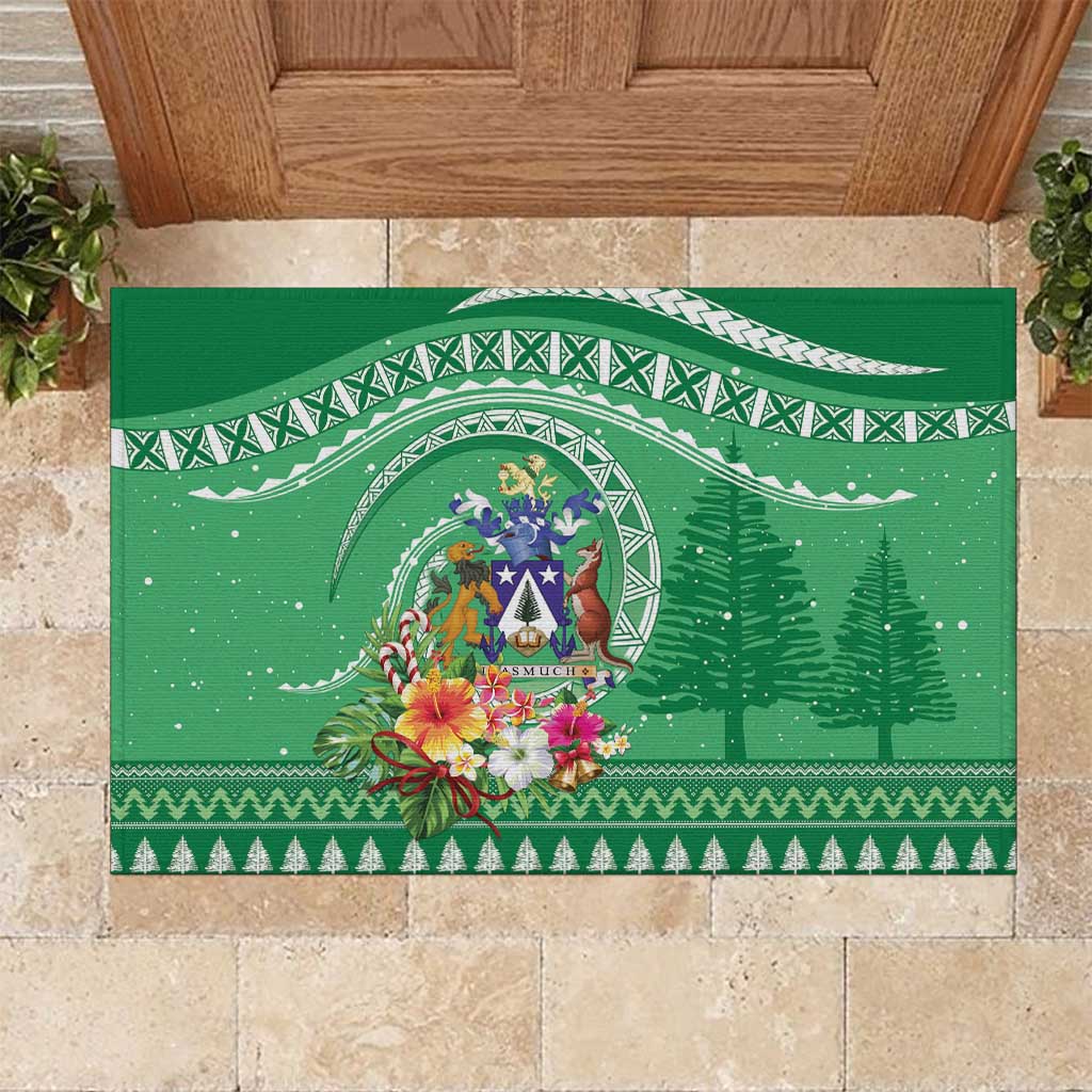 Norfolk Island Pine Tree Christmas Rubber Doormat Coat of Arm and Polynesian Pattern