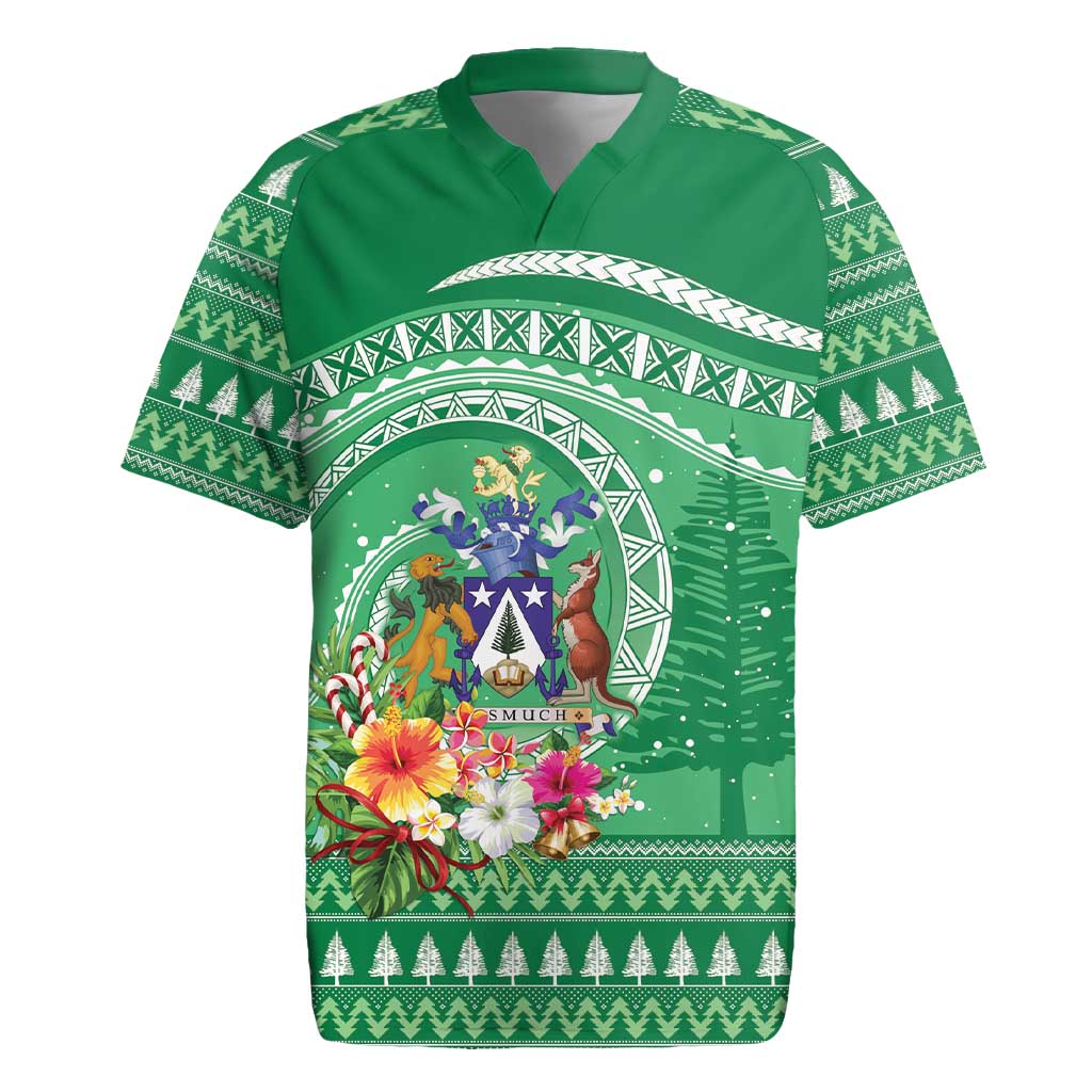 Norfolk Island Pine Tree Christmas Rugby Jersey Coat of Arm and Polynesian Pattern