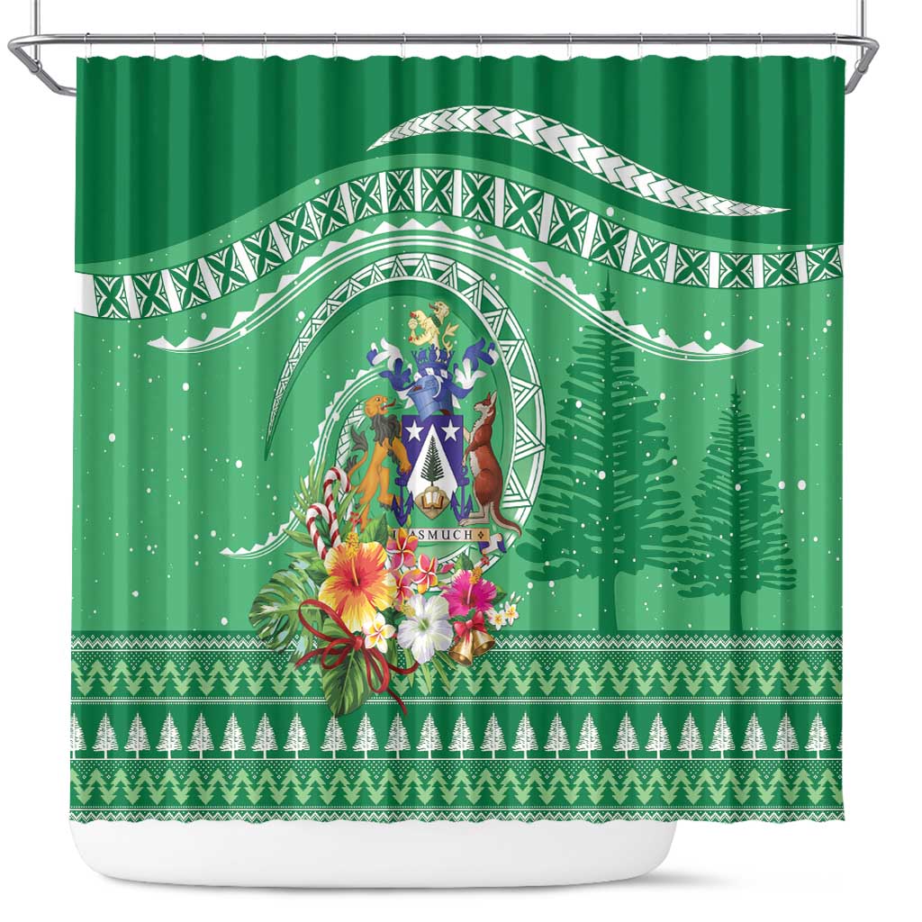 Norfolk Island Pine Tree Christmas Shower Curtain Coat of Arm and Polynesian Pattern