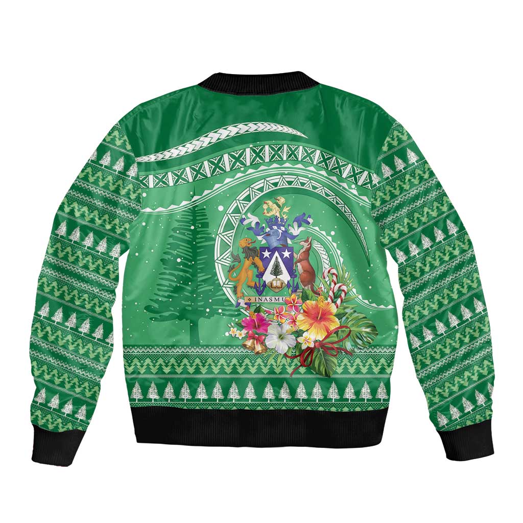 Norfolk Island Pine Tree Christmas Sleeve Zip Bomber Jacket Coat of Arm and Polynesian Pattern