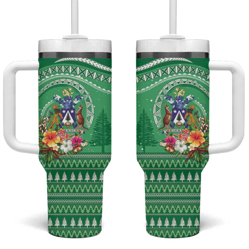 Norfolk Island Pine Tree Christmas Tumbler With Handle Coat of Arm and Polynesian Pattern