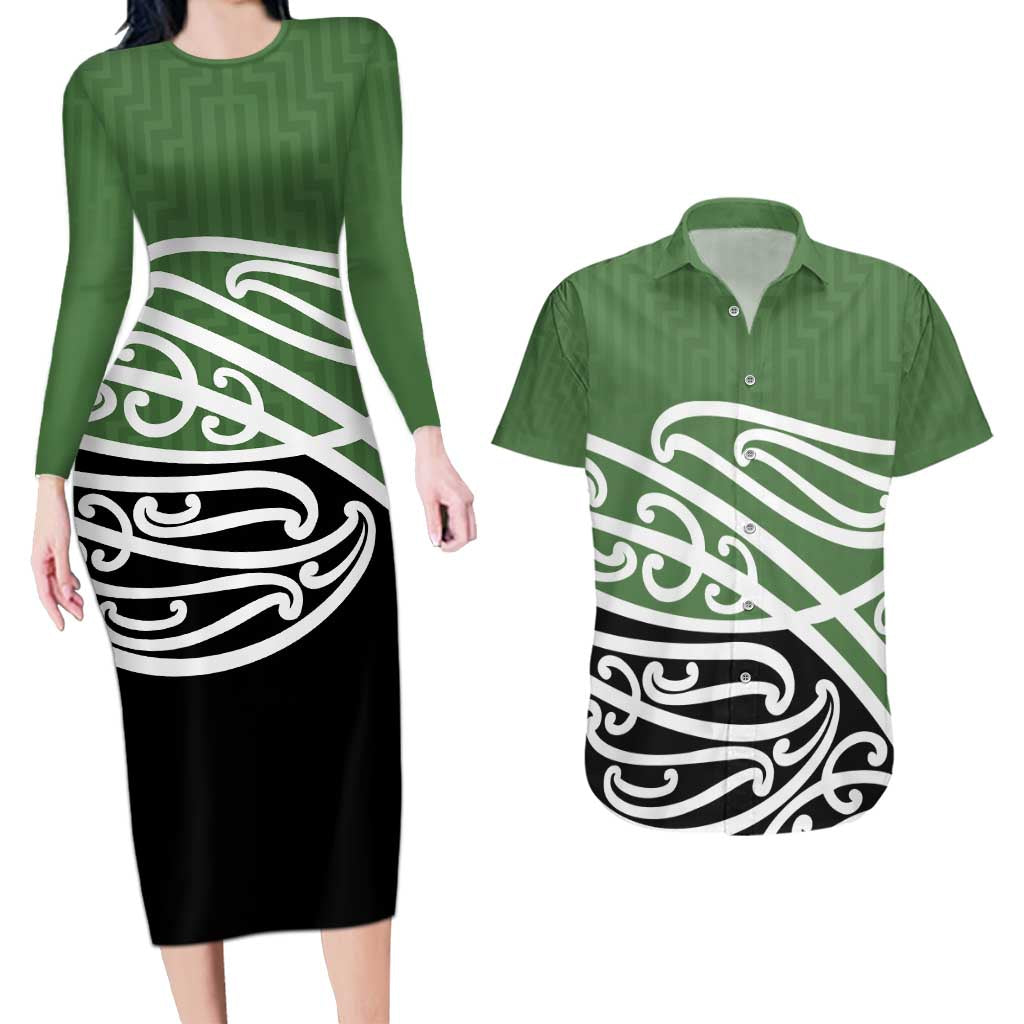 Green Fern New Zealand Kowhai Ngutukak Couples Matching Long Sleeve Bodycon Dress and Hawaiian Shirt LT9 Green - Polynesian Pride