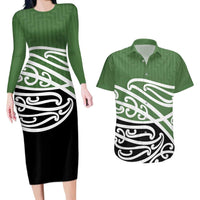 Green Fern New Zealand Kowhai Ngutukak Couples Matching Long Sleeve Bodycon Dress and Hawaiian Shirt LT9 Green - Polynesian Pride