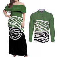 Green Fern New Zealand Kowhai Ngutukak Couples Matching Off Shoulder Maxi Dress and Long Sleeve Button Shirt LT9 Green - Polynesian Pride