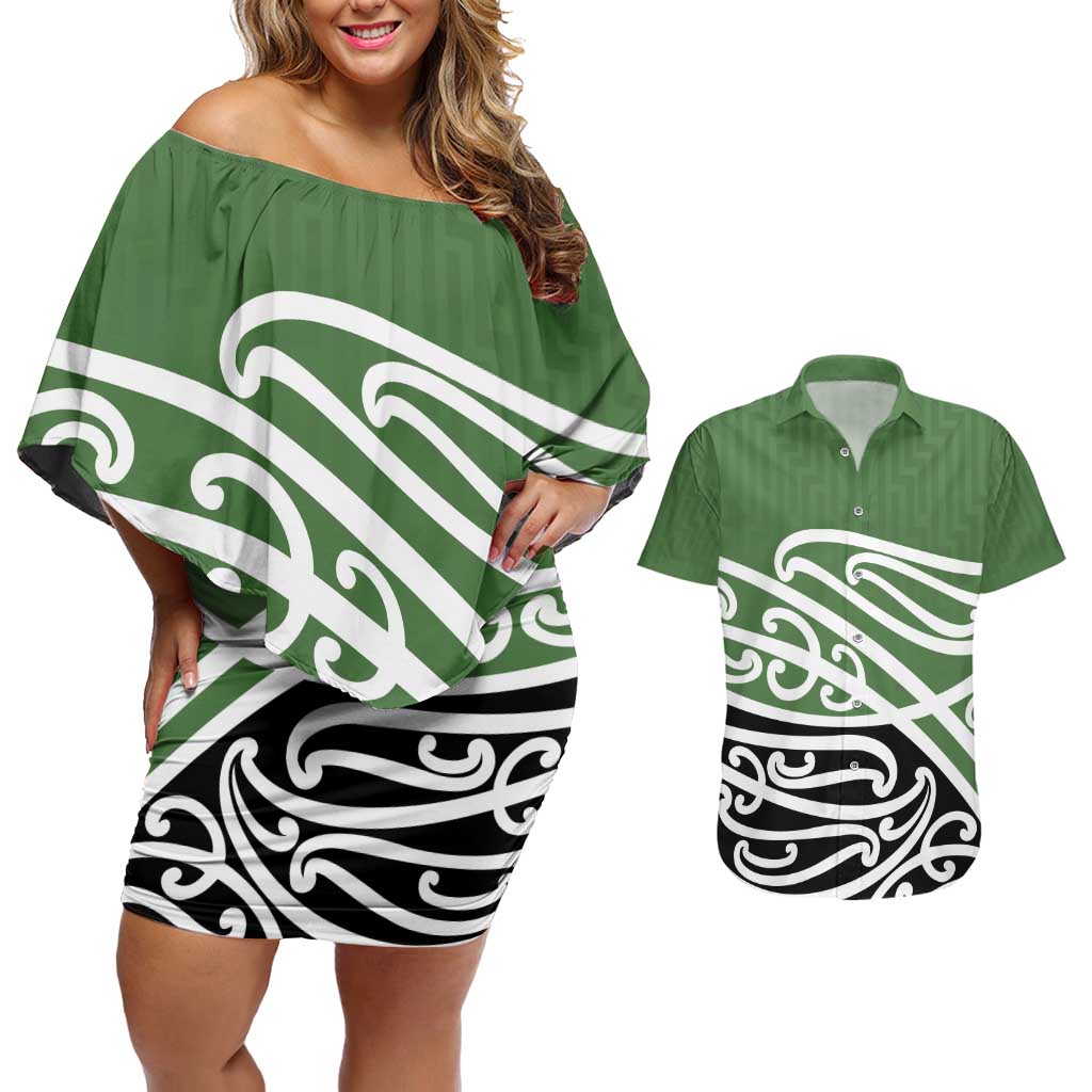 Green Fern New Zealand Kowhai Ngutukak Couples Matching Off Shoulder Short Dress and Hawaiian Shirt LT9 Green - Polynesian Pride