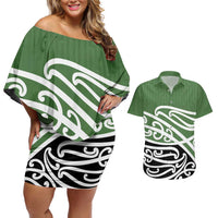 Green Fern New Zealand Kowhai Ngutukak Couples Matching Off Shoulder Short Dress and Hawaiian Shirt LT9 Green - Polynesian Pride