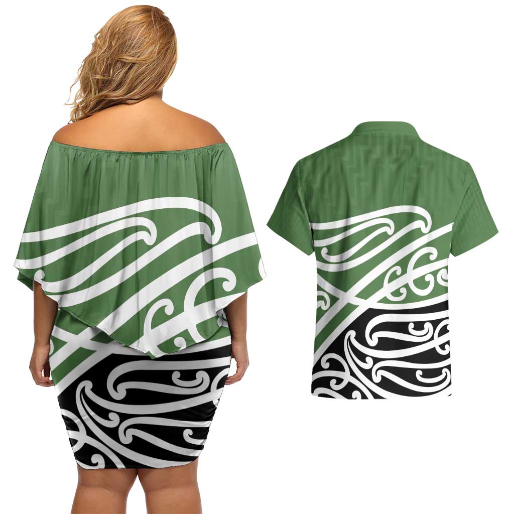 Green Fern New Zealand Kowhai Ngutukak Couples Matching Off Shoulder Short Dress and Hawaiian Shirt LT9 - Polynesian Pride