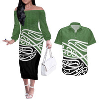 Green Fern New Zealand Kowhai Ngutukak Couples Matching Off The Shoulder Long Sleeve Dress and Hawaiian Shirt LT9 Green - Polynesian Pride