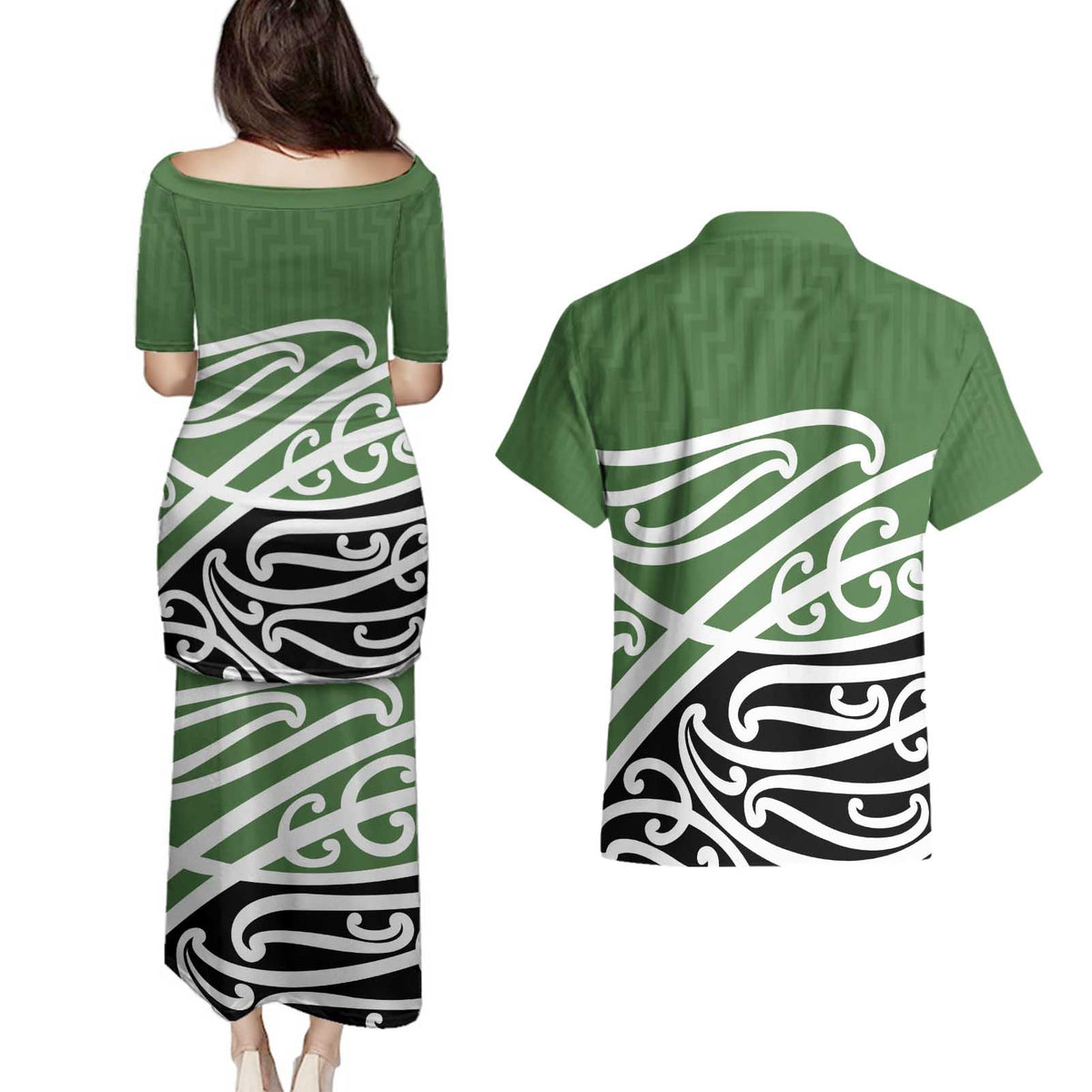 Green Fern New Zealand Kowhai Ngutukak Couples Matching Puletasi and Hawaiian Shirt LT9 - Polynesian Pride
