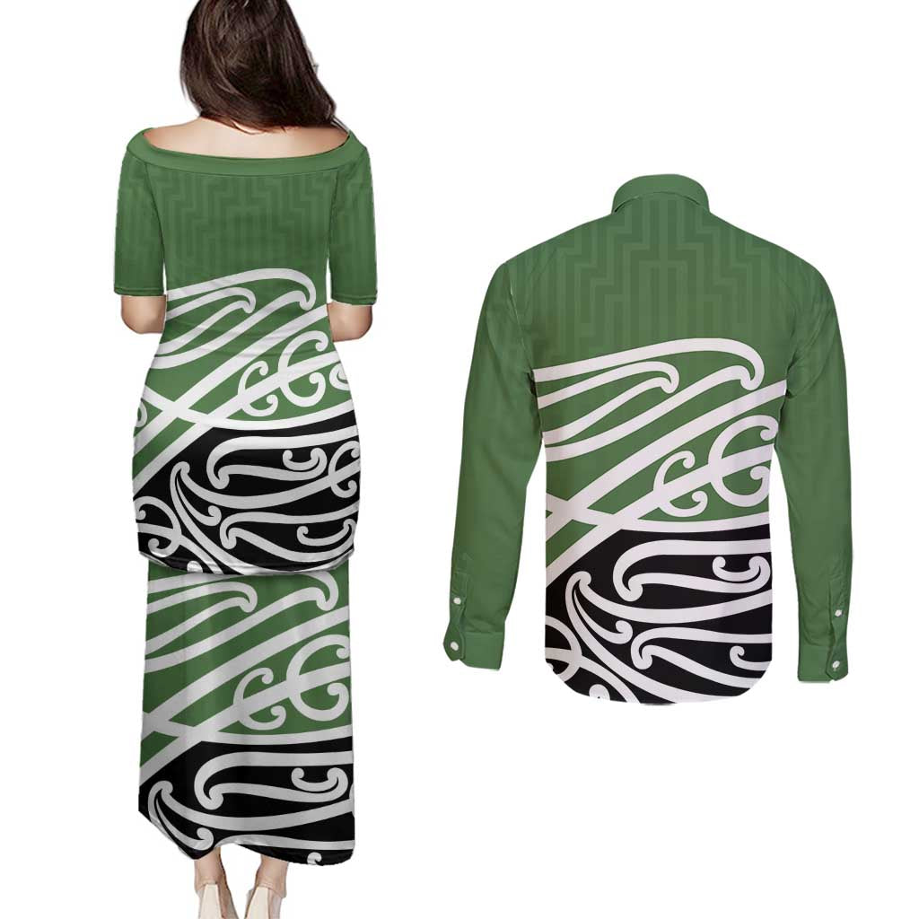 Green Fern New Zealand Kowhai Ngutukak Couples Matching Puletasi and Long Sleeve Button Shirt LT9 - Polynesian Pride