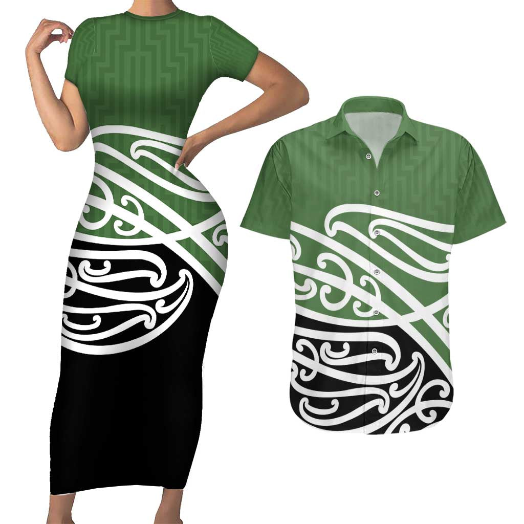 Green Fern New Zealand Kowhai Ngutukak Couples Matching Short Sleeve Bodycon Dress and Hawaiian Shirt LT9 Green - Polynesian Pride