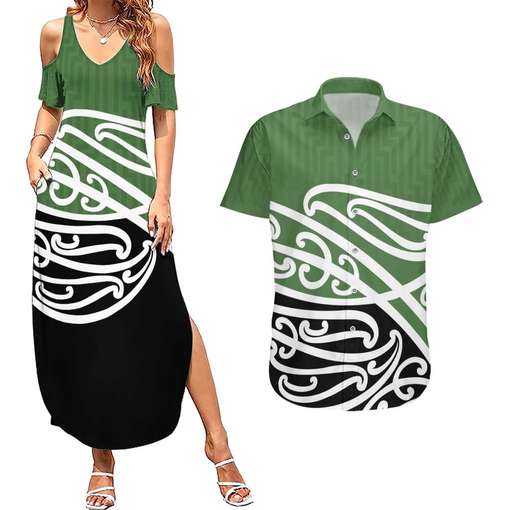 Green Fern New Zealand Kowhai Ngutukak Couples Matching Summer Maxi Dress and Hawaiian Shirt LT9 Green - Polynesian Pride