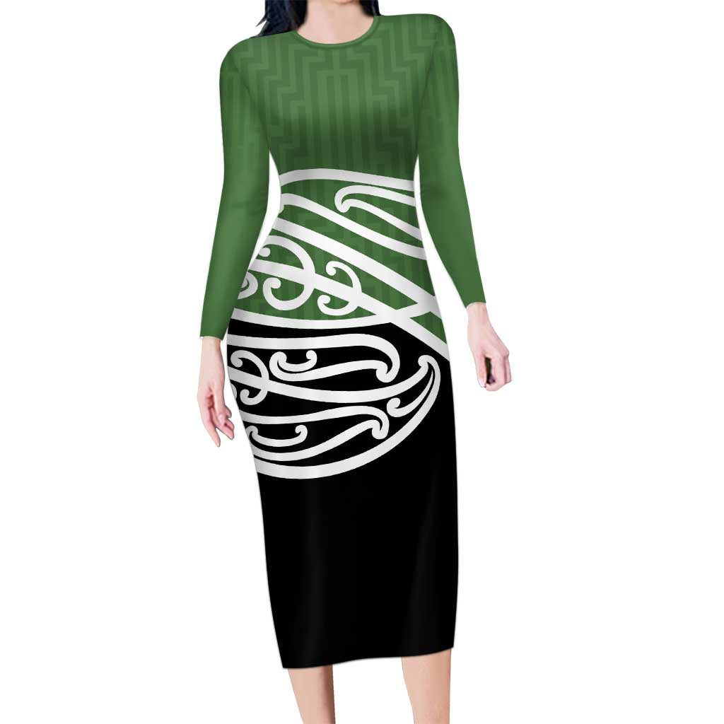 Green Fern New Zealand Kowhai Ngutukak Family Matching Long Sleeve Bodycon Dress and Hawaiian Shirt - Polynesian Pride