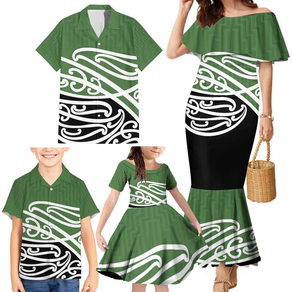 Green Fern New Zealand Kowhai Ngutukak Family Matching Mermaid Dress and Hawaiian Shirt - Polynesian Pride