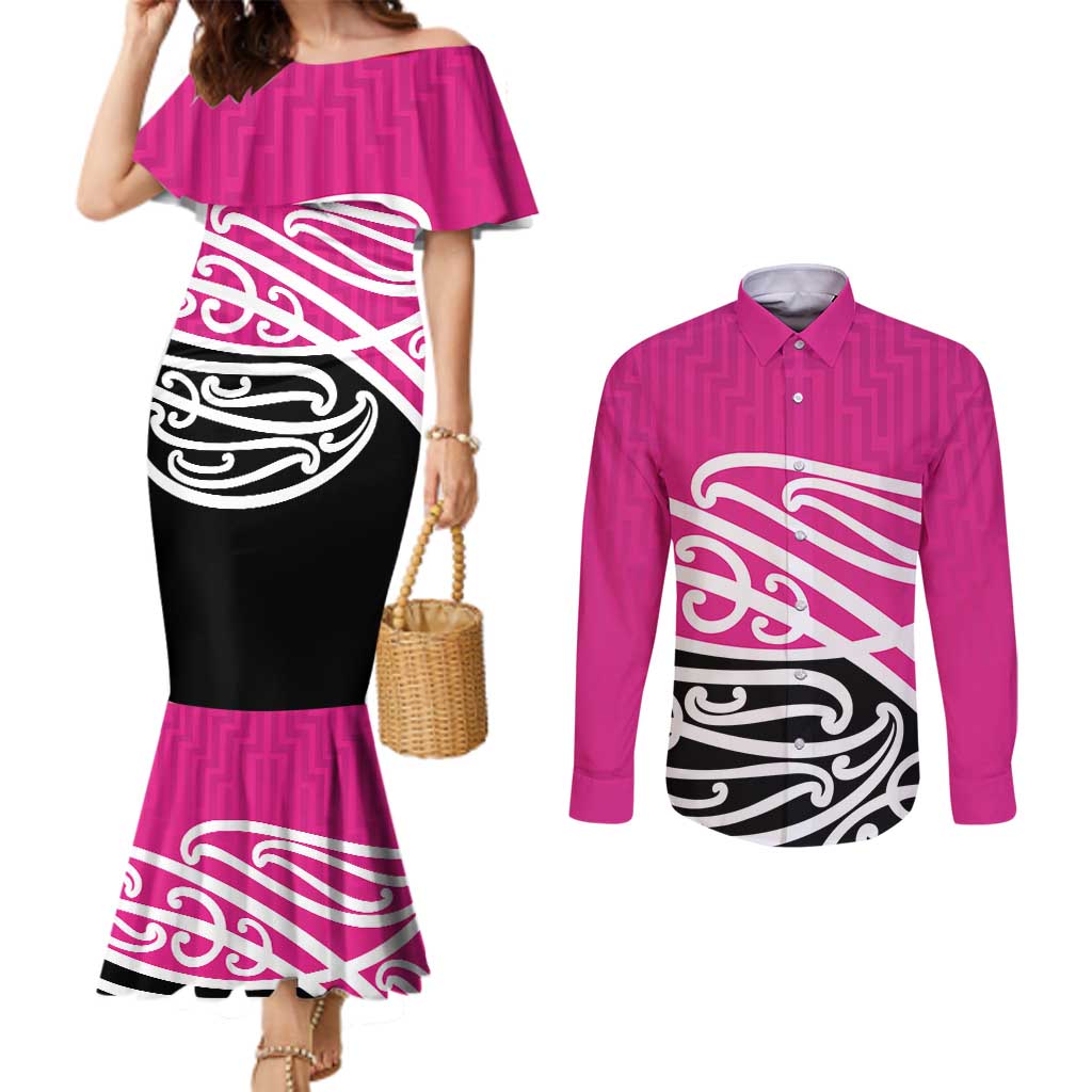 All Pink New Zealand Kowhai Ngutukak Couples Matching Mermaid Dress and Long Sleeve Button Shirt - Polynesian Pride