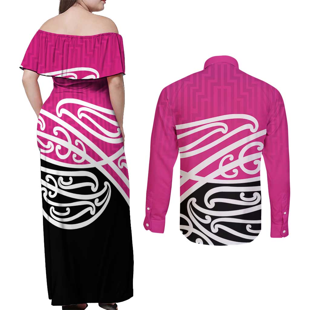 All Pink New Zealand Kowhai Ngutukak Couples Matching Off Shoulder Maxi Dress and Long Sleeve Button Shirt - Polynesian Pride