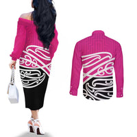 All Pink New Zealand Kowhai Ngutukak Couples Matching Off The Shoulder Long Sleeve Dress and Long Sleeve Button Shirt - Polynesian Pride