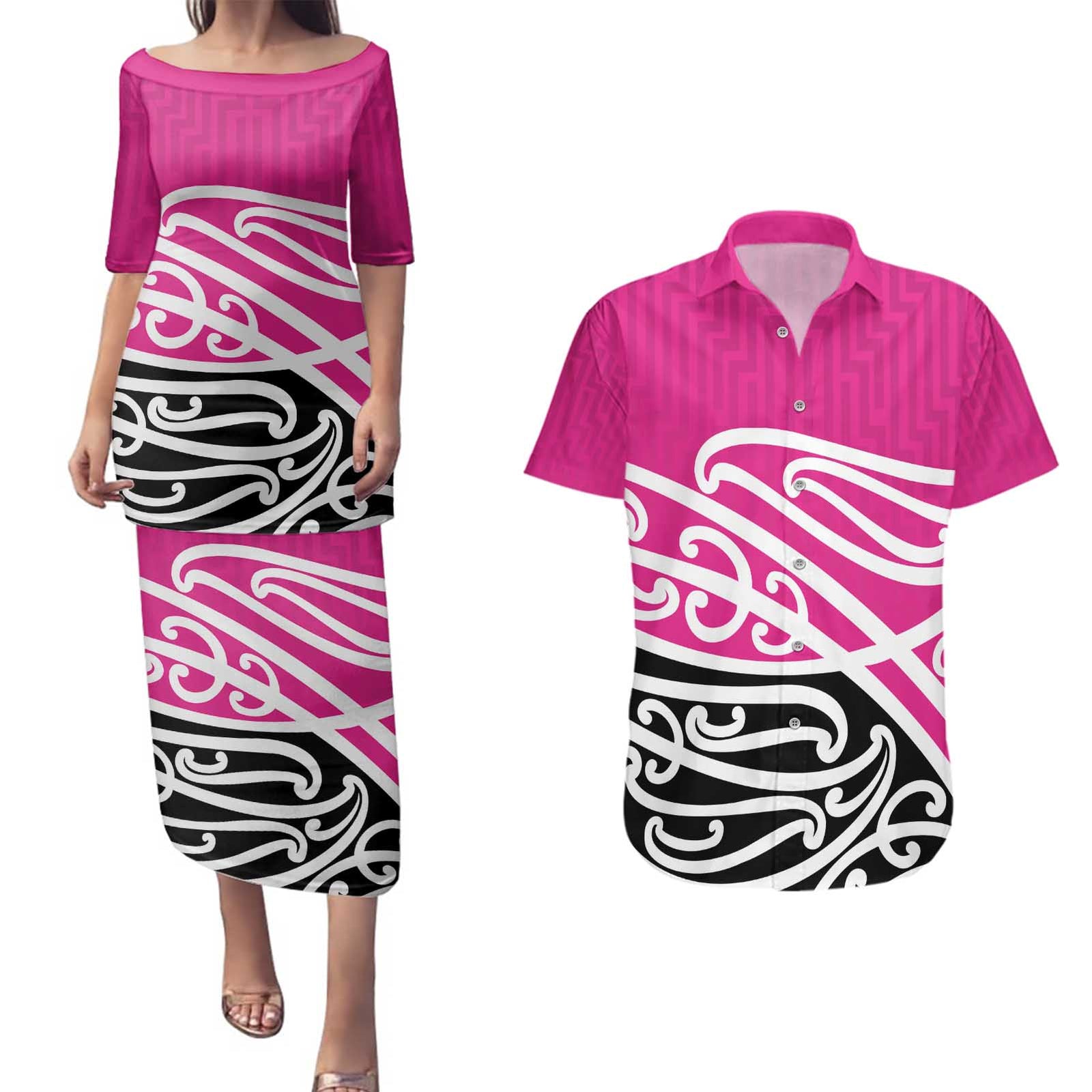 All Pink New Zealand Kowhai Ngutukak Couples Matching Puletasi and Hawaiian Shirt - Polynesian Pride