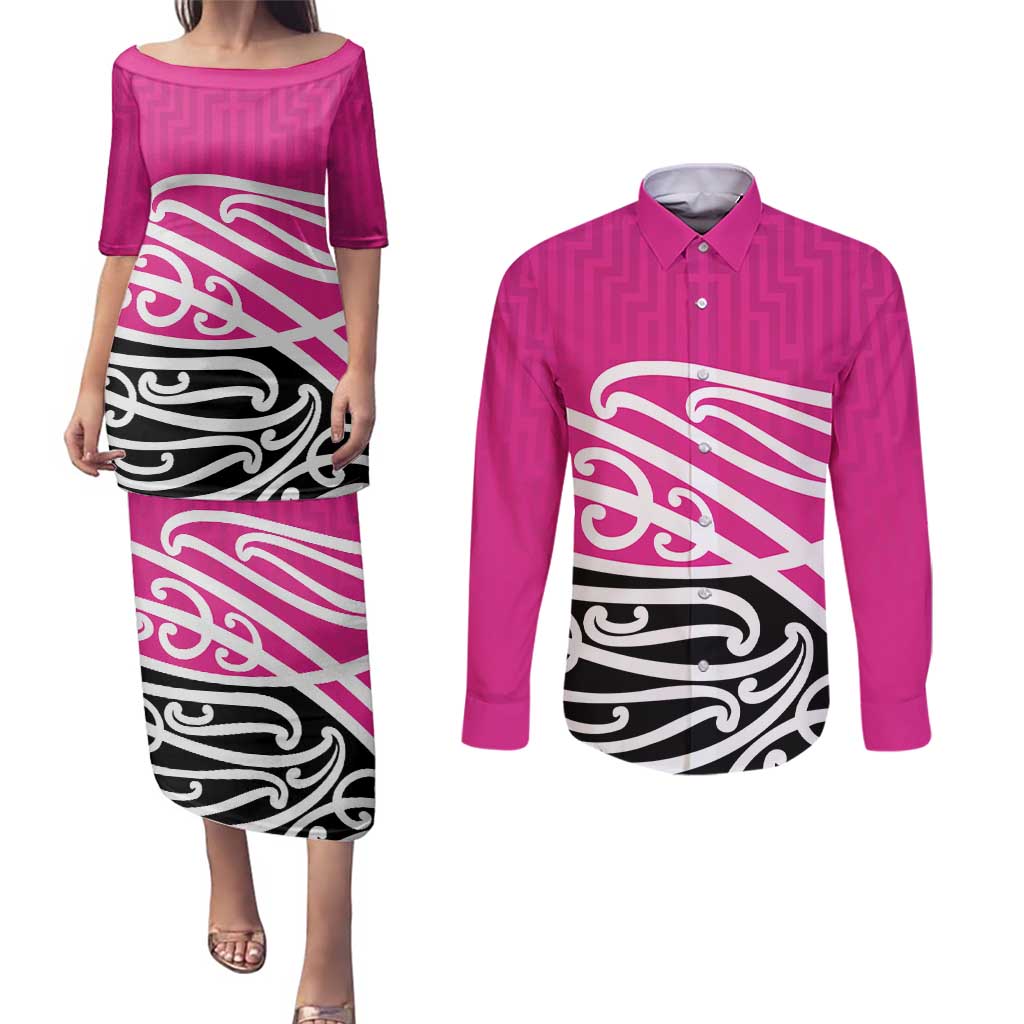 All Pink New Zealand Kowhai Ngutukak Couples Matching Puletasi and Long Sleeve Button Shirt - Polynesian Pride