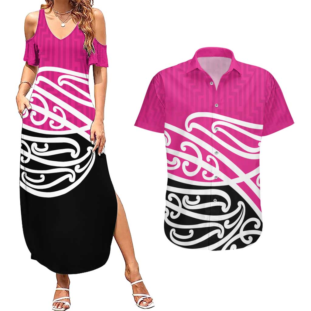 All Pink New Zealand Kowhai Ngutukak Couples Matching Summer Maxi Dress and Hawaiian Shirt - Polynesian Pride