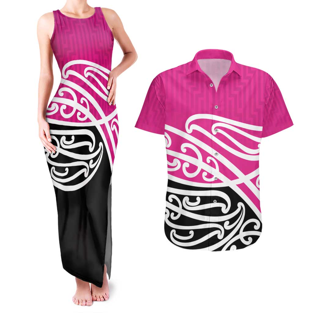 All Pink New Zealand Kowhai Ngutukak Couples Matching Tank Maxi Dress and Hawaiian Shirt - Polynesian Pride